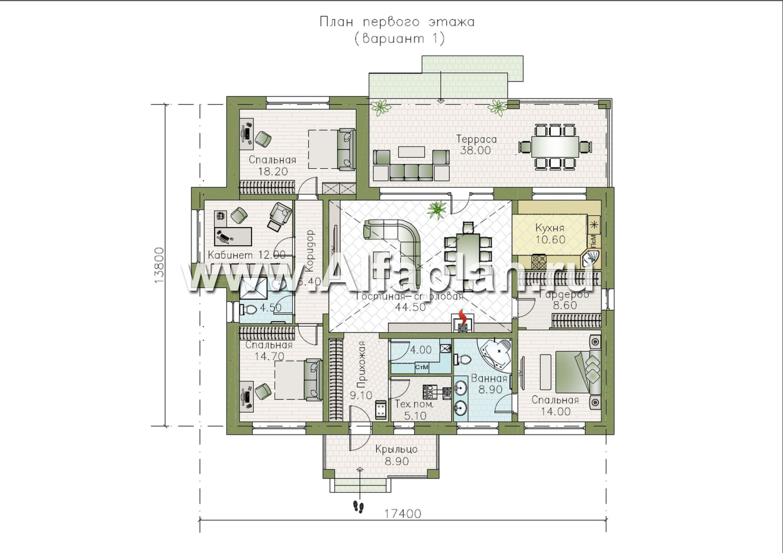 «Аризона» - проект одноэтажного дома, с террасой, мастер спальня. Коттедж в стиле прерий (Райта). Есть вариант с сауной  - план дома - фото №1