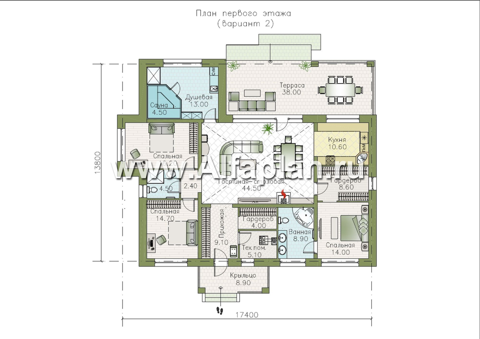 «Аризона» - проект одноэтажного дома, с террасой, мастер спальня. Коттедж в стиле прерий (Райта). Есть вариант с сауной  - план дома - фото №2