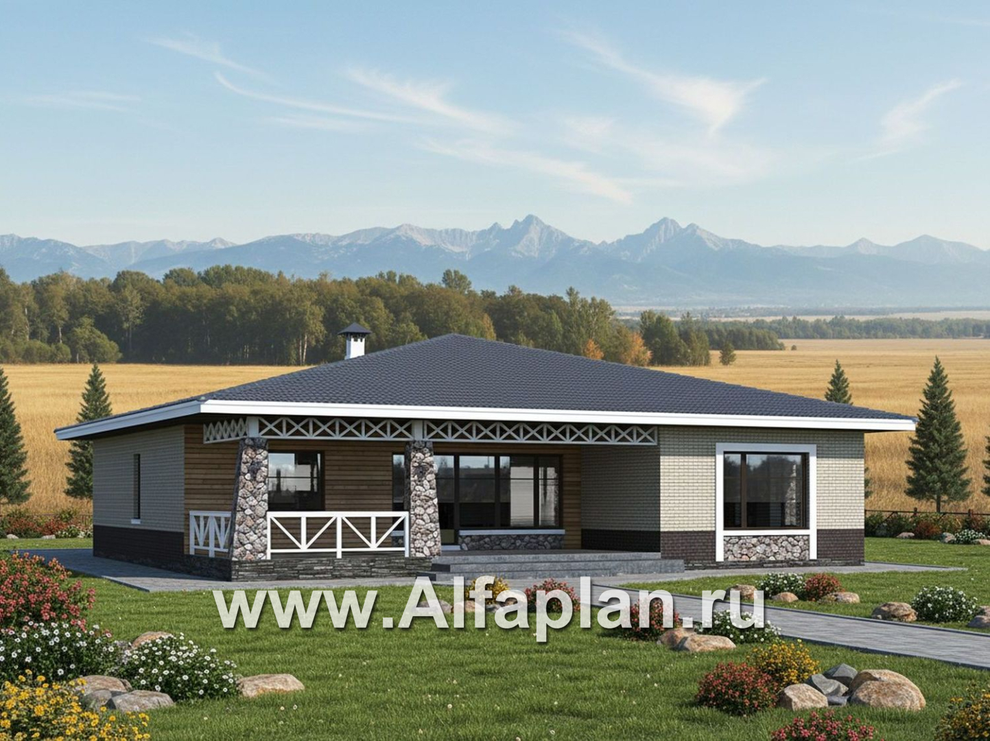 «Аризона» - проект одноэтажного дома, с террасой, мастер спальня. Коттедж в стиле прерий (Райта). Есть вариант с сауной  - дизайн дома №2