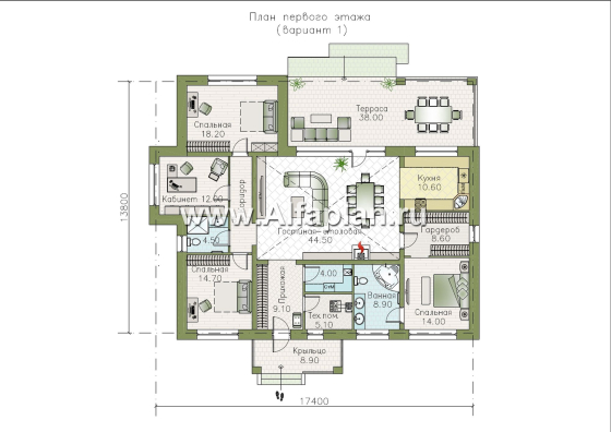 «Аризона» - проект одноэтажного дома, с террасой, мастер спальня. Коттедж в стиле прерий (Райта). Есть вариант с сауной  - превью план дома - фото №1