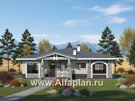 «Аризона» - проект одноэтажного дома, с террасой, мастер спальня. Коттедж в стиле прерий (Райта). Есть вариант с сауной  - превью дополнительного изображения №1