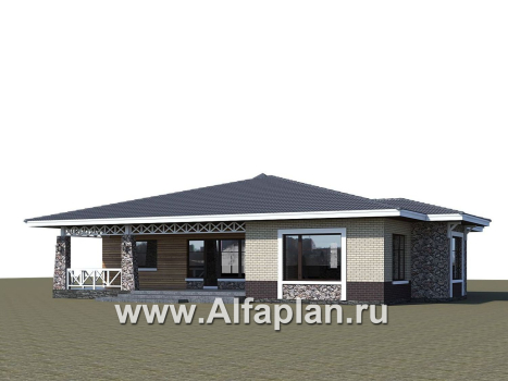 «Аризона» - проект одноэтажного дома, с террасой, мастер спальня. Коттедж в стиле прерий (Райта). Есть вариант с сауной  - превью дополнительного изображения №4