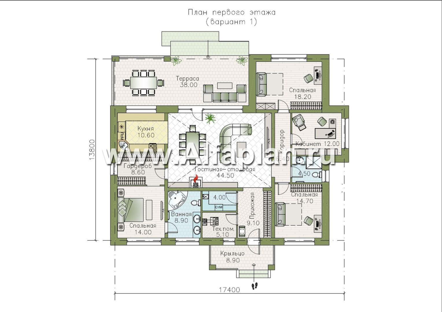 «Аризона» - проект одноэтажного дома, с террасой, мастер спальня. Коттедж в стиле прерий (Райта). Есть вариант с сауной - план дома - фото №1