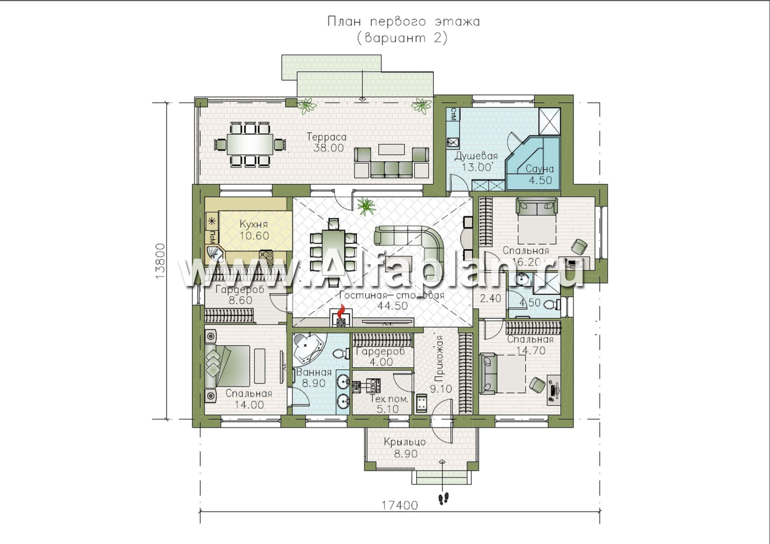 «Аризона» - проект одноэтажного дома, с террасой, мастер спальня. Коттедж в стиле прерий (Райта). Есть вариант с сауной - план дома - фото №2