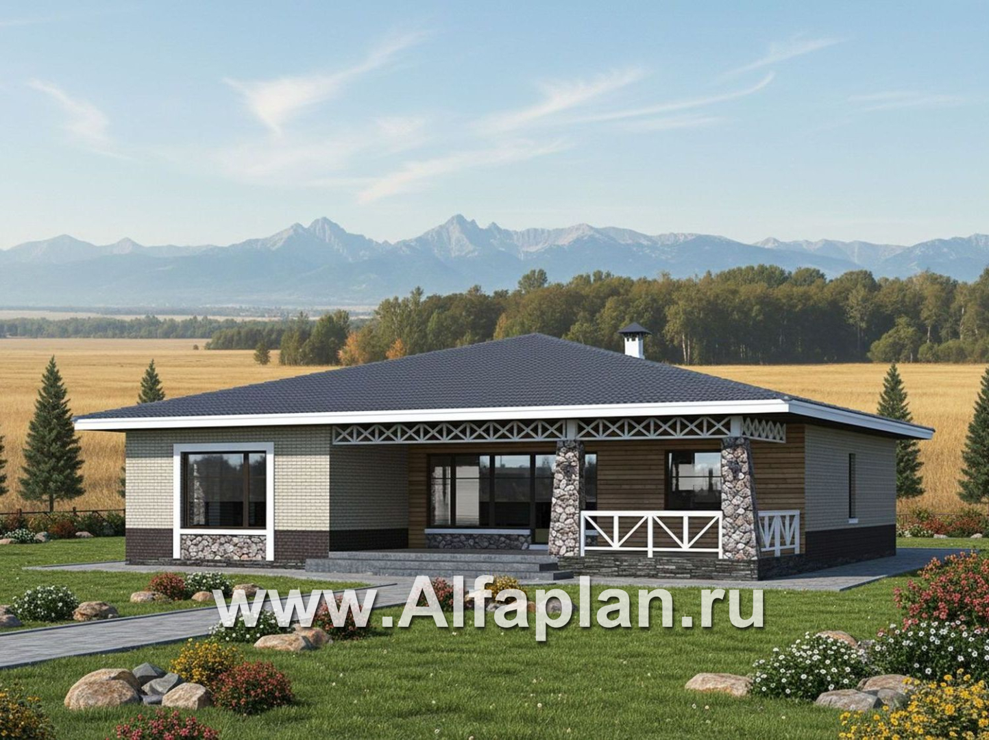 «Аризона» - проект одноэтажного дома, с террасой, мастер спальня. Коттедж в стиле прерий (Райта). Есть вариант с сауной - дизайн дома №3