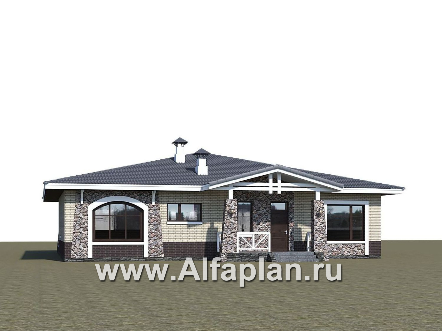 «Аризона» - проект одноэтажного дома, с террасой, мастер спальня. Коттедж в стиле прерий (Райта). Есть вариант с сауной - дизайн дома №4