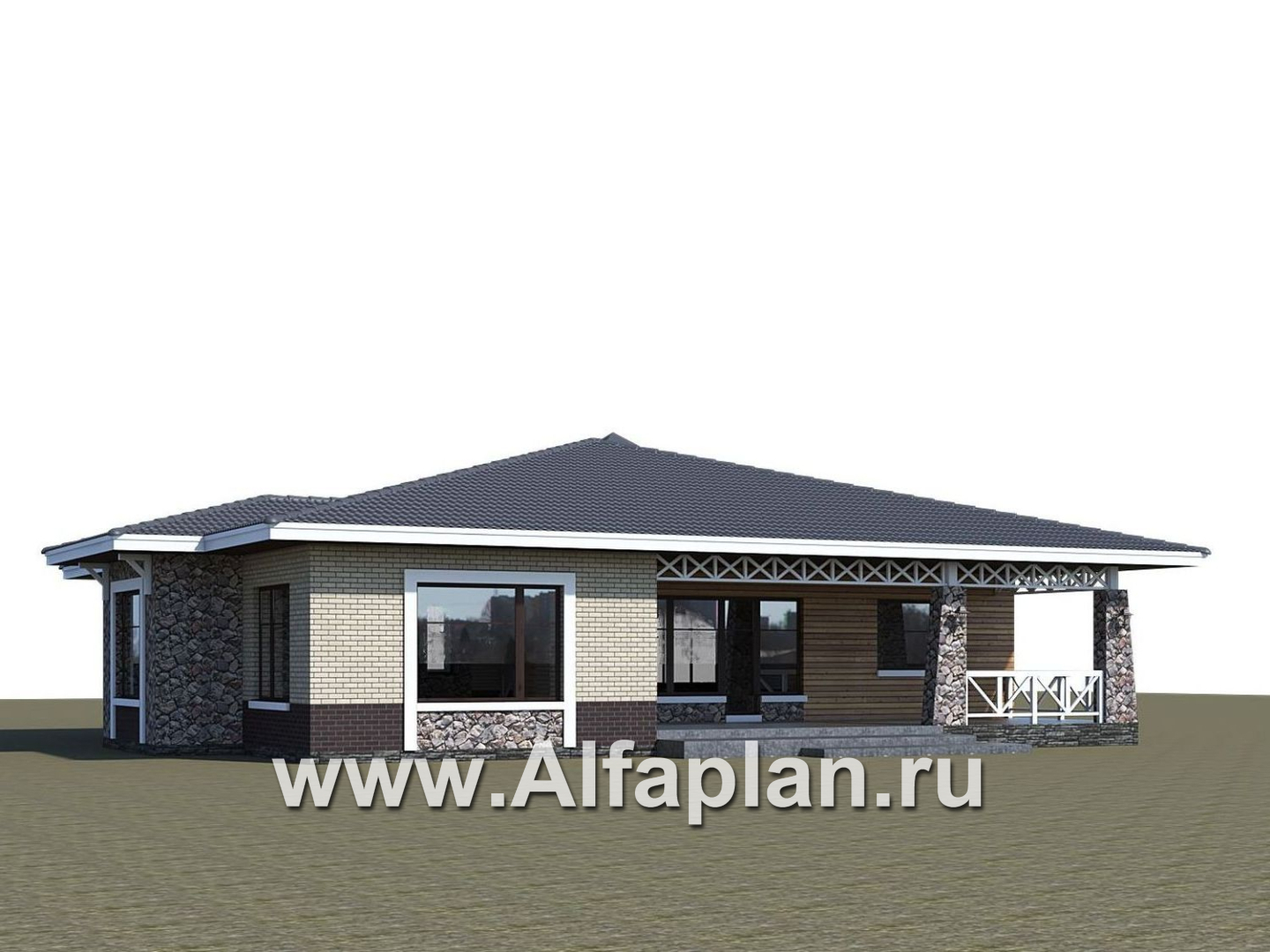 «Аризона» - проект одноэтажного дома, с террасой, мастер спальня. Коттедж в стиле прерий (Райта). Есть вариант с сауной - дизайн дома №5