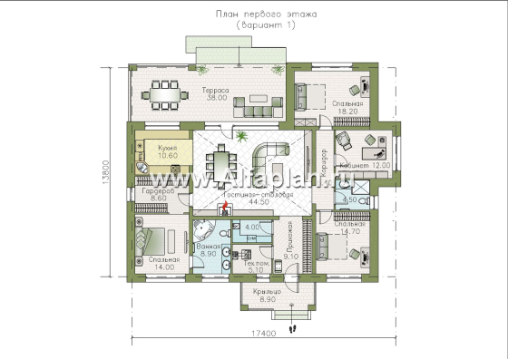 «Аризона» - проект одноэтажного дома, с террасой, мастер спальня. Коттедж в стиле прерий (Райта). Есть вариант с сауной - превью план дома - фото №1