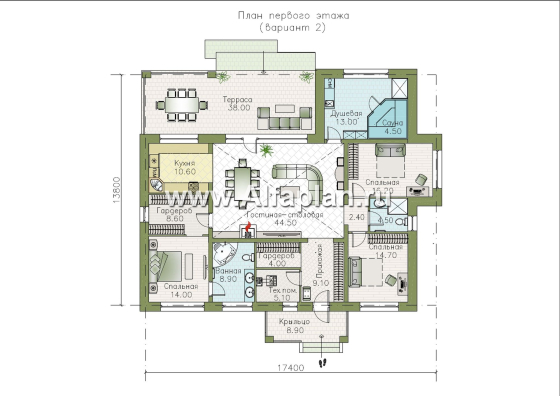 «Аризона» - проект одноэтажного дома, с террасой, мастер спальня. Коттедж в стиле прерий (Райта). Есть вариант с сауной - превью план дома - фото №2