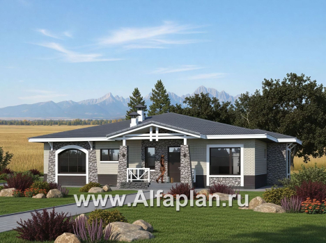 «Аризона» - проект одноэтажного дома, с террасой, мастер спальня. Коттедж в стиле прерий (Райта). Есть вариант с сауной - превью дополнительного изображения №1
