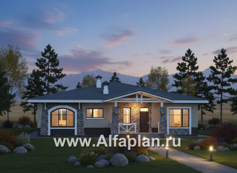 «Аризона» - проект одноэтажного дома, с террасой, мастер спальня. Коттедж в стиле прерий (Райта). Есть вариант с сауной - превью дополнительного изображения №2