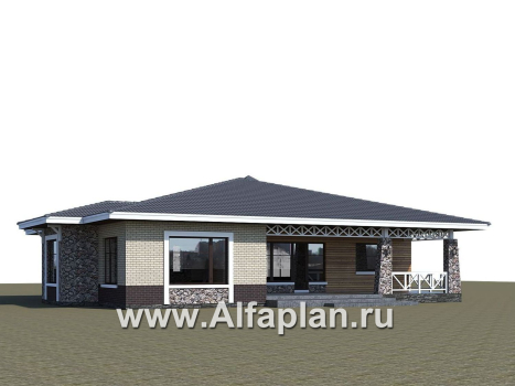 «Аризона» - проект одноэтажного дома, с террасой, мастер спальня. Коттедж в стиле прерий (Райта). Есть вариант с сауной - превью дополнительного изображения №5