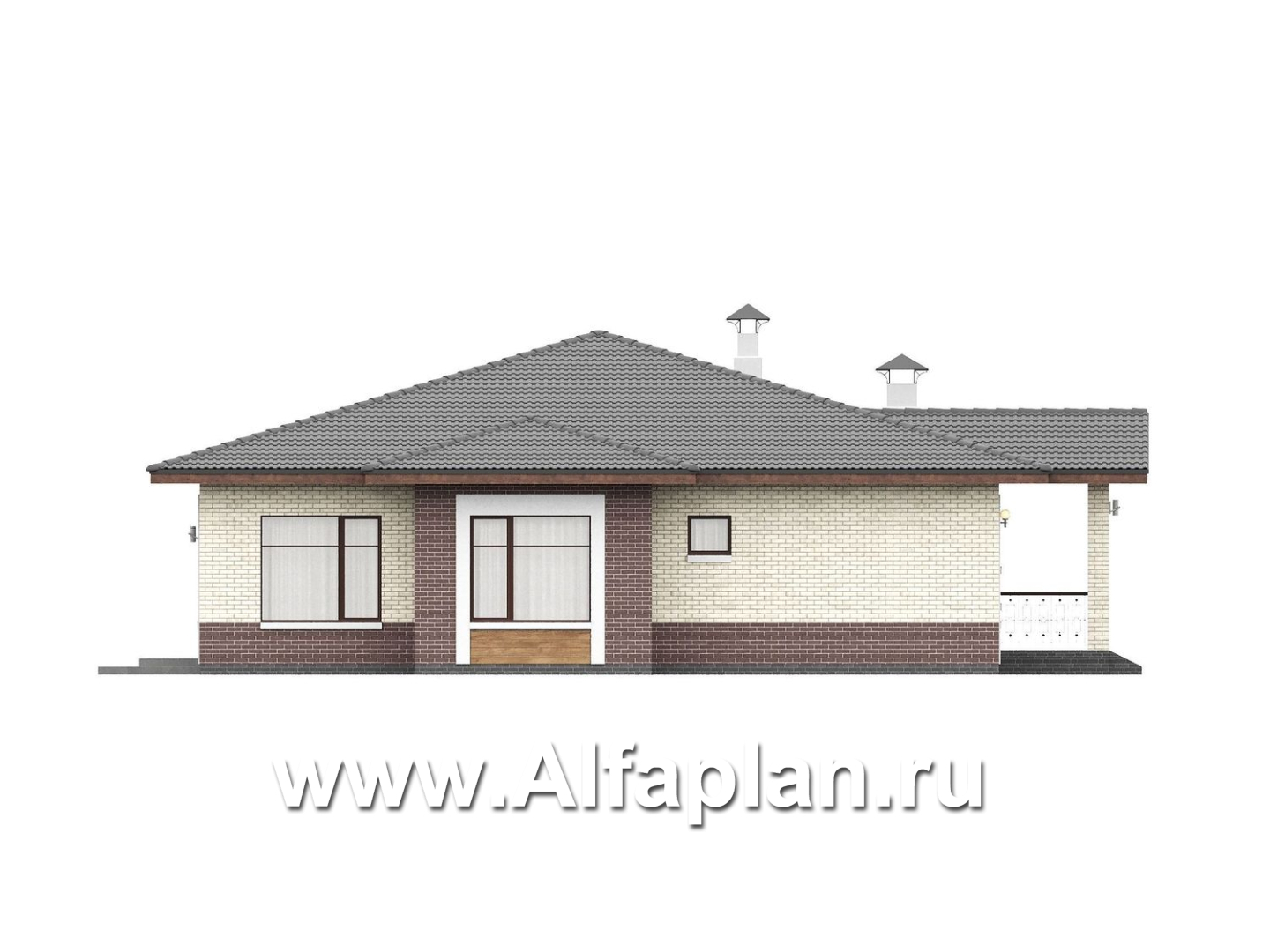 «Аризона» - проект одноэтажного дома, мастер спальня и 4 жилых комнаты, с террасой и сауной, в стиле Райта - фасад дома - фото №2