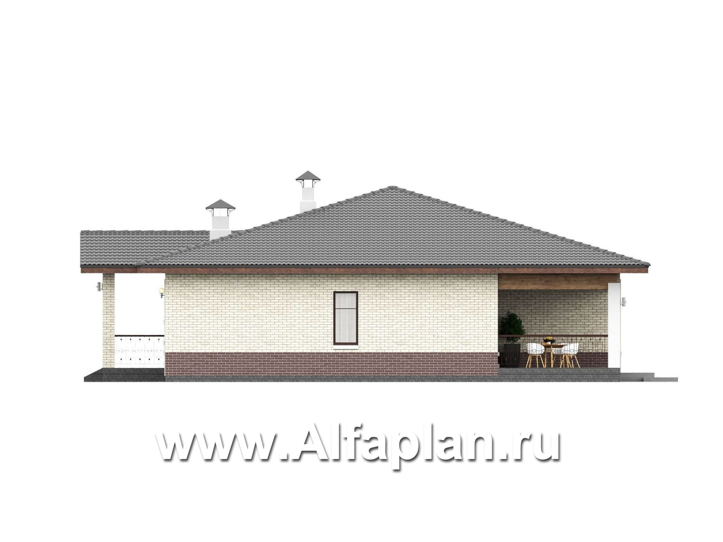 «Аризона» - проект одноэтажного дома, мастер спальня и 4 жилых комнаты, с террасой и сауной, в стиле Райта - фасад дома - фото №4