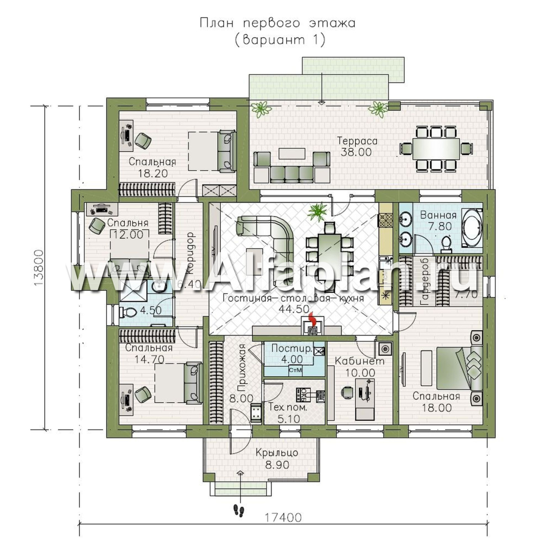 «Аризона» - проект одноэтажного дома, мастер спальня и 4 жилых комнаты, с террасой и сауной, в стиле Райта - план дома - фото №1