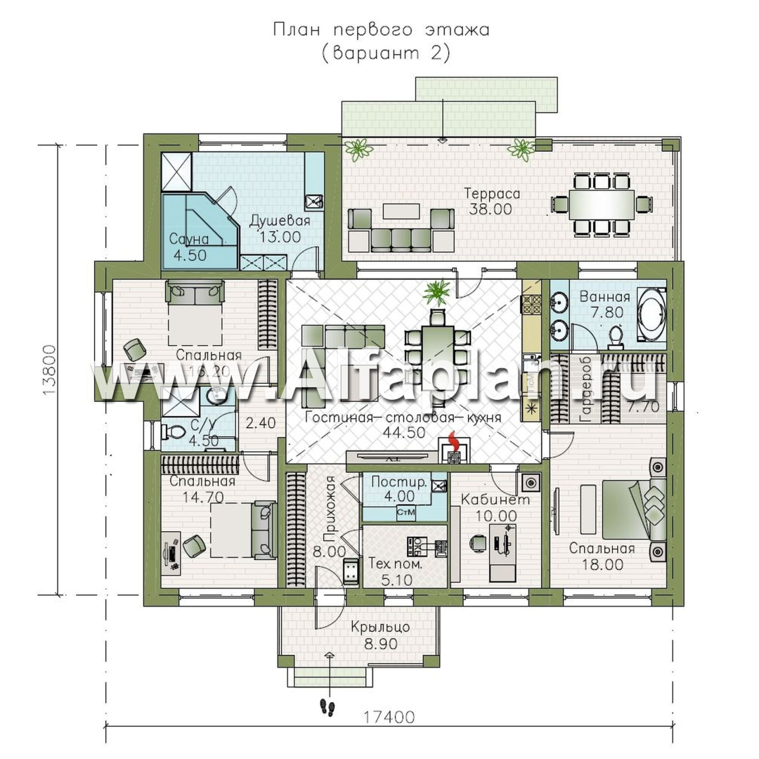 «Аризона» - проект одноэтажного дома, мастер спальня и 4 жилых комнаты, с террасой и сауной, в стиле Райта - план дома - фото №2
