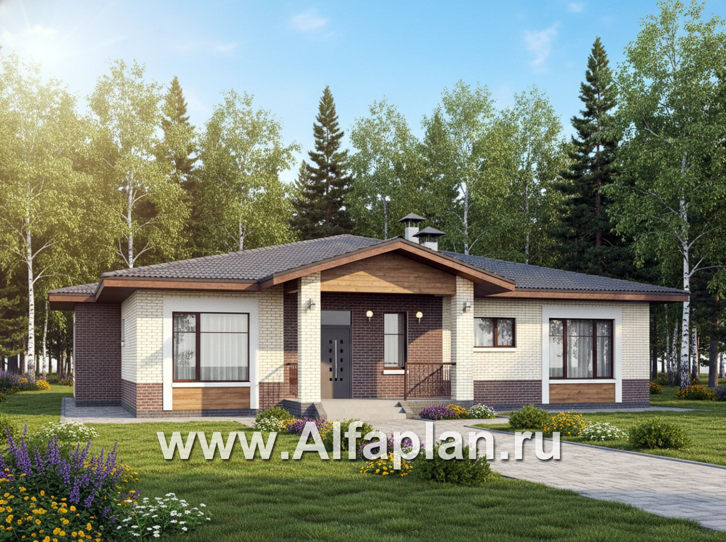 «Аризона» - проект одноэтажного дома, мастер спальня и 4 жилых комнаты, с террасой и сауной, в стиле Райта - основное изображение