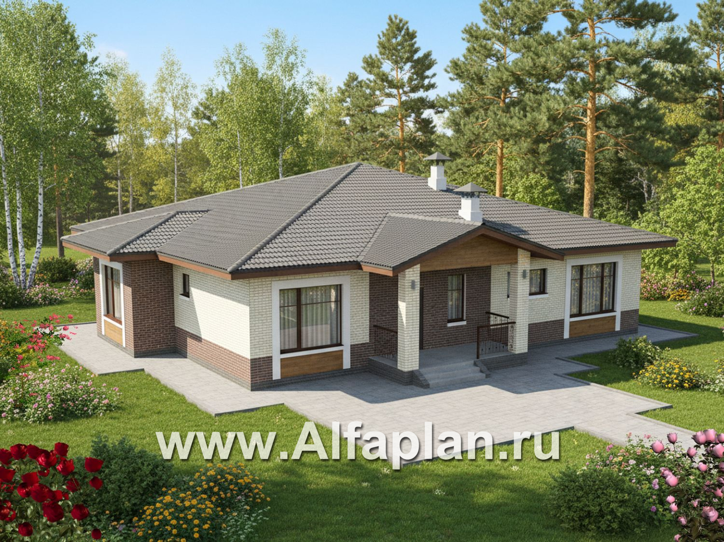 «Аризона» - проект одноэтажного дома, мастер спальня и 4 жилых комнаты, с террасой и сауной, в стиле Райта - дизайн дома №1