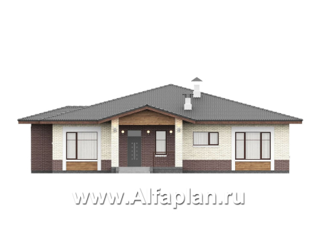 «Аризона» - проект одноэтажного дома, мастер спальня и 4 жилых комнаты, с террасой и сауной, в стиле Райта - превью фасада дома - фото №1