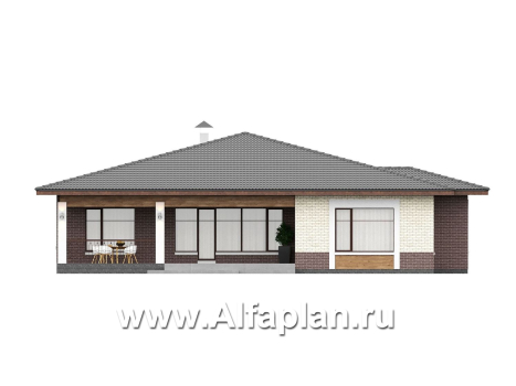 «Аризона» - проект одноэтажного дома, мастер спальня и 4 жилых комнаты, с террасой и сауной, в стиле Райта - превью фасада дома - фото №3