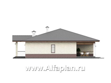 «Аризона» - проект одноэтажного дома, мастер спальня и 4 жилых комнаты, с террасой и сауной, в стиле Райта - превью фасада дома - фото №4