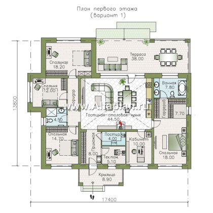 «Аризона» - проект одноэтажного дома, мастер спальня и 4 жилых комнаты, с террасой и сауной, в стиле Райта - превью план дома - фото №1
