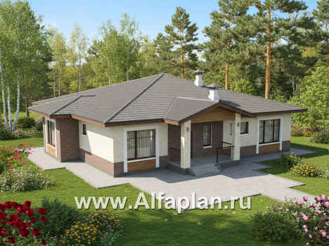 «Аризона» - проект одноэтажного дома, мастер спальня и 4 жилых комнаты, с террасой и сауной, в стиле Райта - превью дополнительного изображения №1