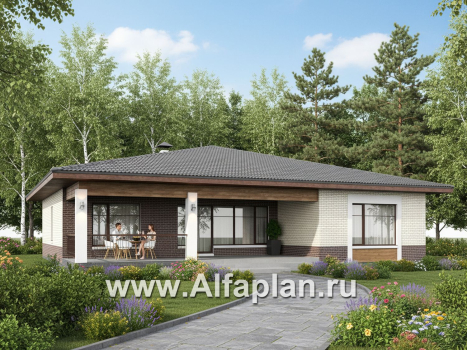 «Аризона» - проект одноэтажного дома, мастер спальня и 4 жилых комнаты, с террасой и сауной, в стиле Райта - превью дополнительного изображения №2