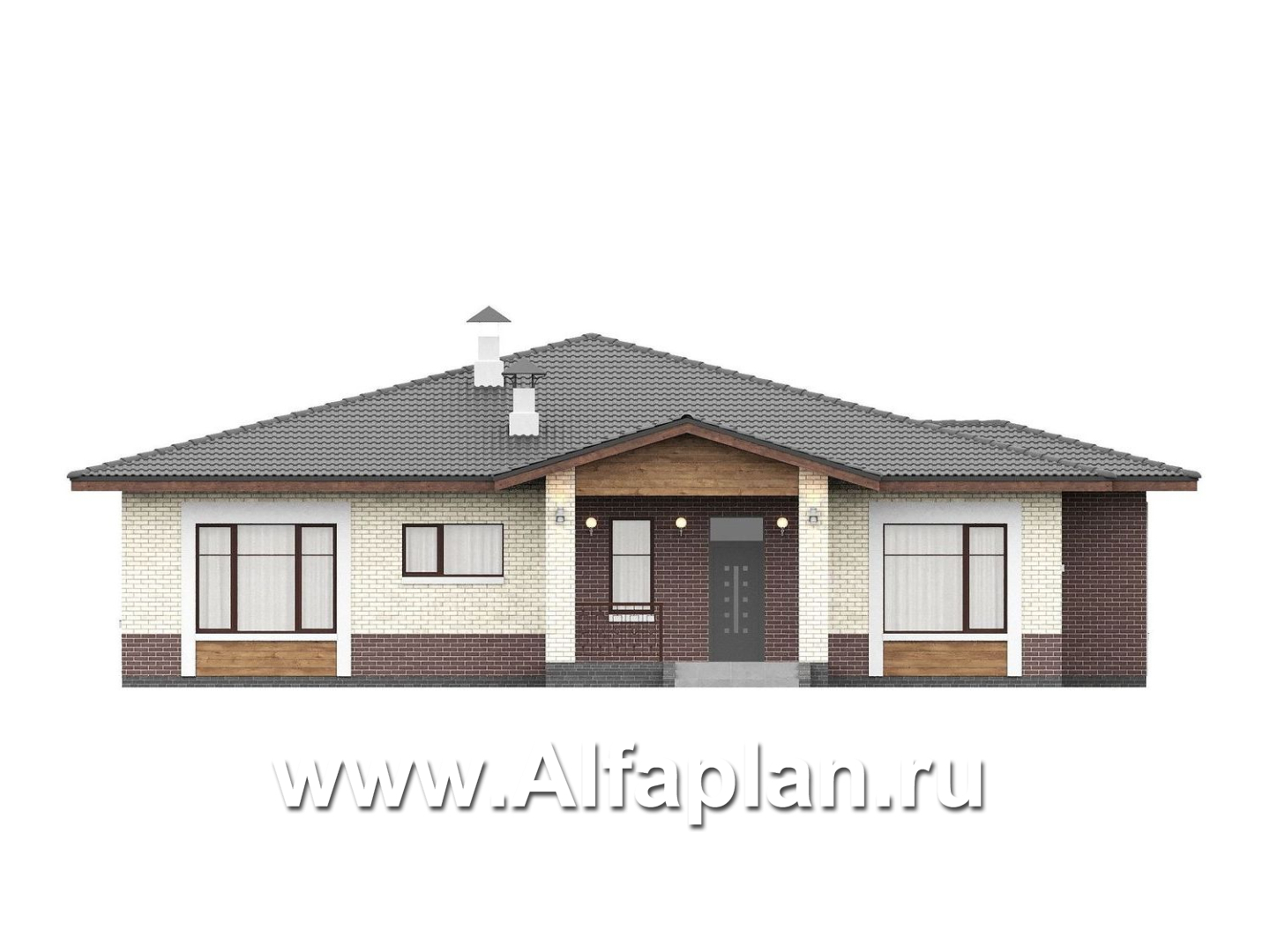 «Аризона» - проект одноэтажного дома, мастер спальня и 4 жилых комнаты, с террасой и сауной, в стиле Райта - фасад дома - фото №1