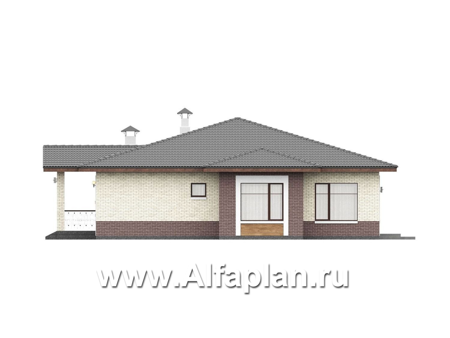 «Аризона» - проект одноэтажного дома, мастер спальня и 4 жилых комнаты, с террасой и сауной, в стиле Райта - фасад дома - фото №2