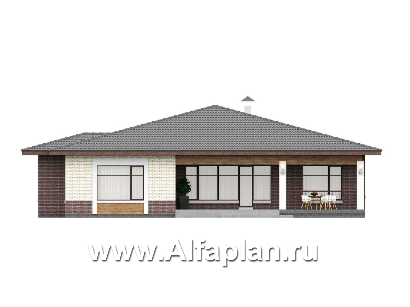 «Аризона» - проект одноэтажного дома, мастер спальня и 4 жилых комнаты, с террасой и сауной, в стиле Райта - фасад дома - фото №3