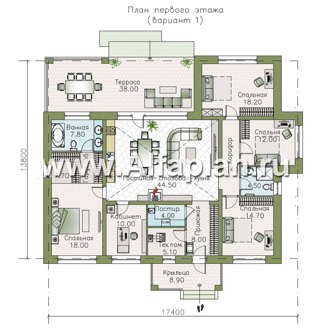 «Аризона» - проект одноэтажного дома, мастер спальня и 4 жилых комнаты, с террасой и сауной, в стиле Райта - план дома - фото №1