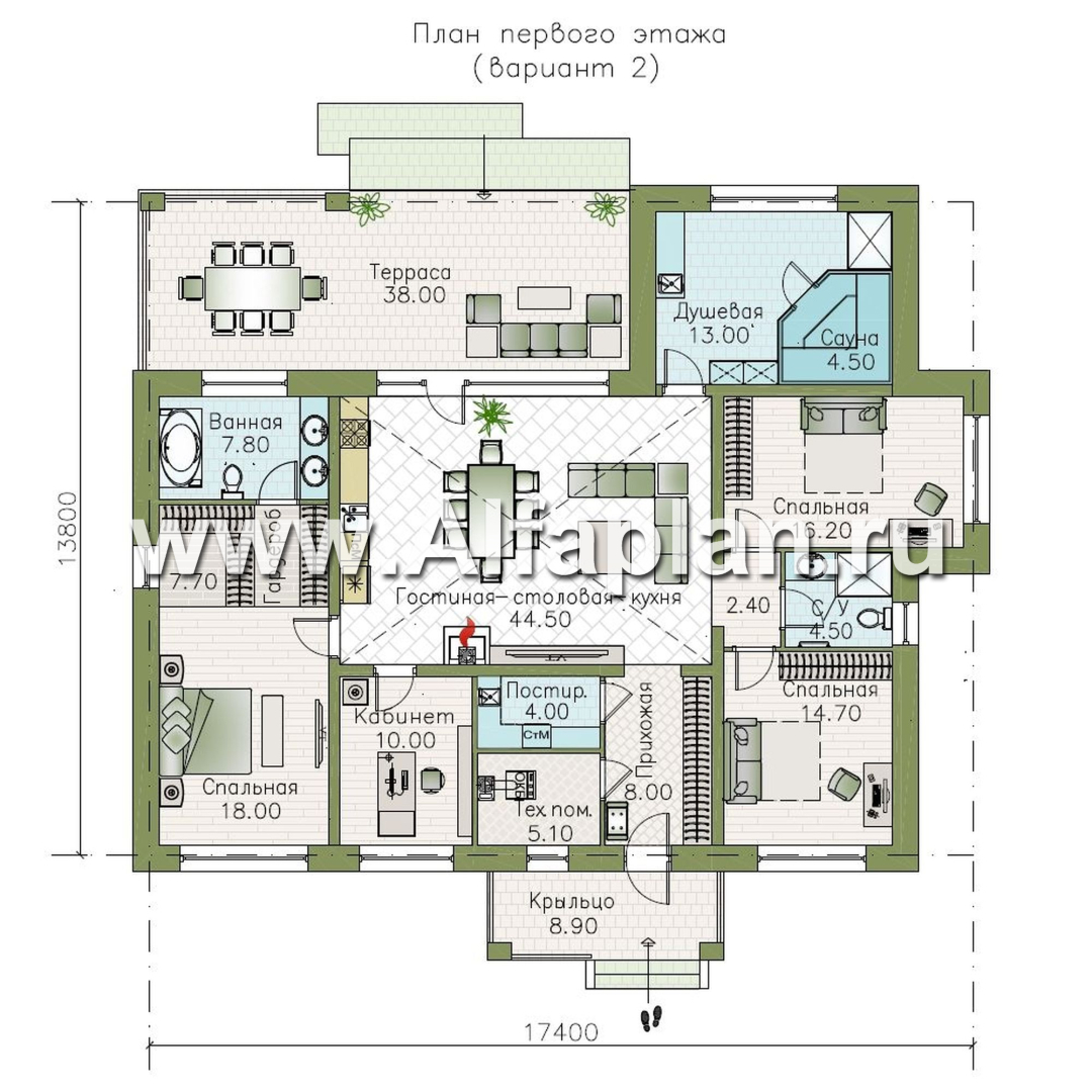 «Аризона» - проект одноэтажного дома, мастер спальня и 4 жилых комнаты, с террасой и сауной, в стиле Райта - план дома - фото №2