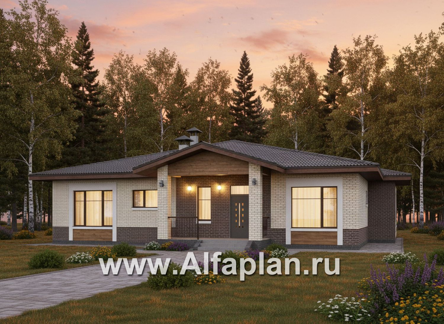 «Аризона» - проект одноэтажного дома, мастер спальня и 4 жилых комнаты, с террасой и сауной, в стиле Райта - дизайн дома №1