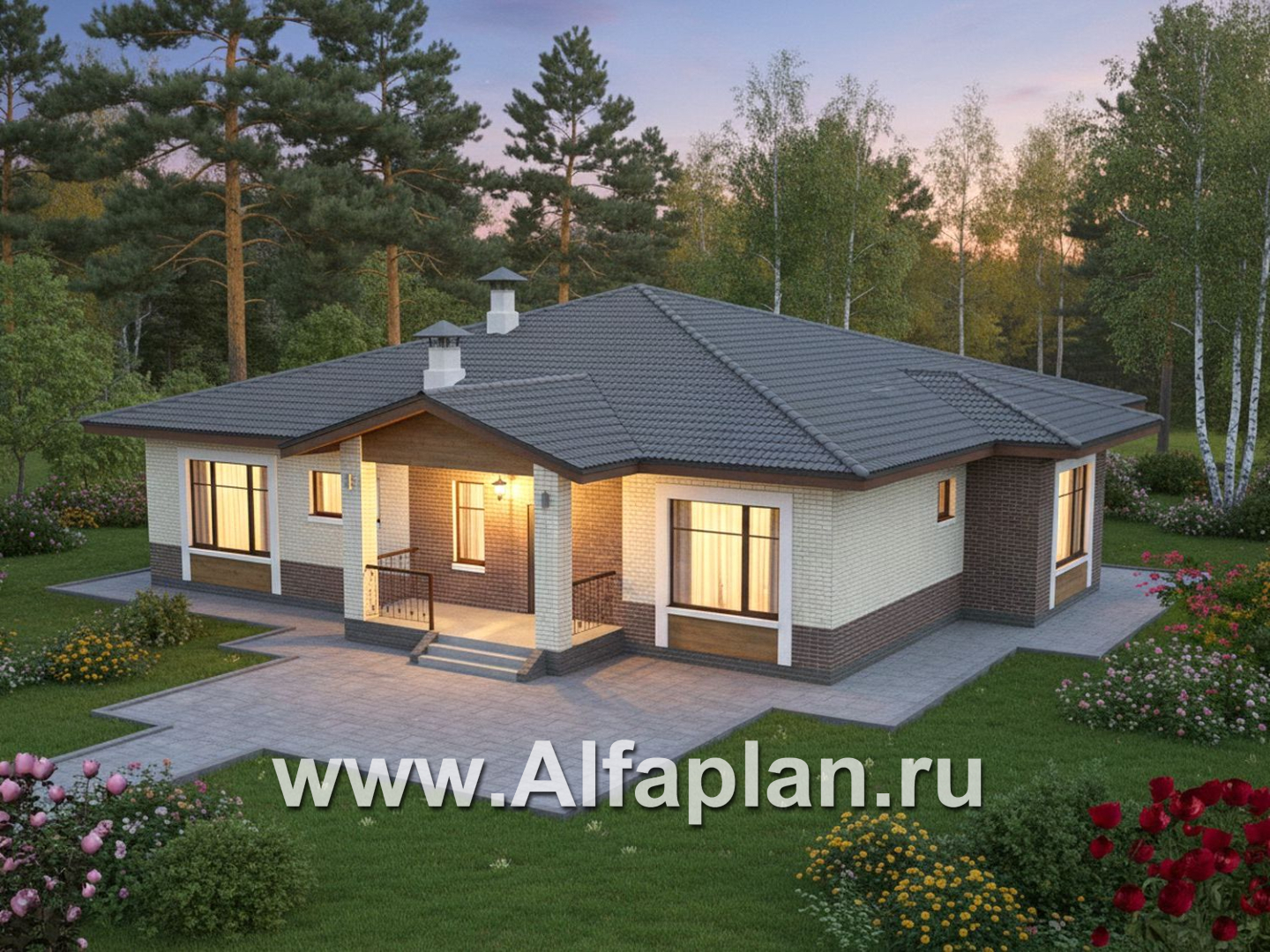 «Аризона» - проект одноэтажного дома, мастер спальня и 4 жилых комнаты, с террасой и сауной, в стиле Райта - дизайн дома №2