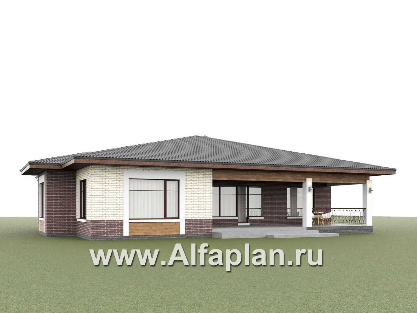 «Аризона» - проект одноэтажного дома, мастер спальня и 4 жилых комнаты, с террасой и сауной, в стиле Райта - дизайн дома №4