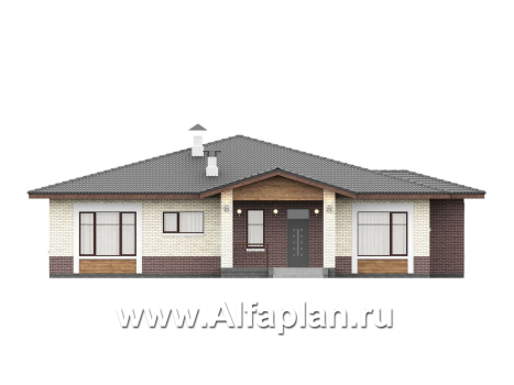 «Аризона» - проект одноэтажного дома, мастер спальня и 4 жилых комнаты, с террасой и сауной, в стиле Райта - превью фасада дома - фото №1