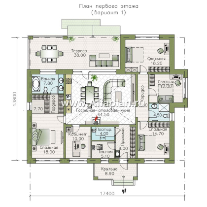 «Аризона» - проект одноэтажного дома, мастер спальня и 4 жилых комнаты, с террасой и сауной, в стиле Райта - превью план дома - фото №1