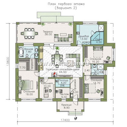 «Аризона» - проект одноэтажного дома, мастер спальня и 4 жилых комнаты, с террасой и сауной, в стиле Райта - превью план дома - фото №2