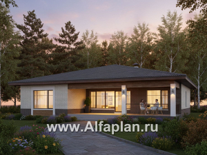 «Аризона» - проект одноэтажного дома, мастер спальня и 4 жилых комнаты, с террасой и сауной, в стиле Райта