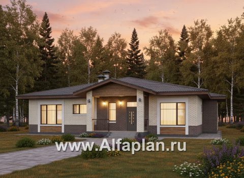 «Аризона» - проект одноэтажного дома, мастер спальня и 4 жилых комнаты, с террасой и сауной, в стиле Райта - превью дополнительного изображения №1