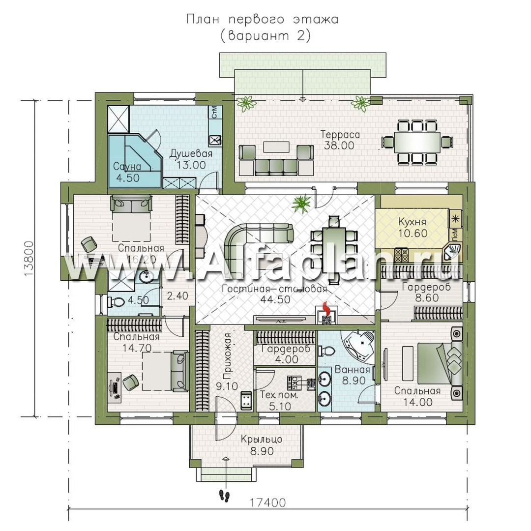 «Аризона» - проект одноэтажного дома, с террасой, мастер спальня. Есть вариант с сауной - план дома - фото №2