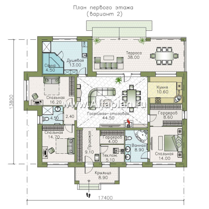 «Аризона» - проект одноэтажного дома, с террасой, мастер спальня. Есть вариант с сауной - превью план дома - фото №2