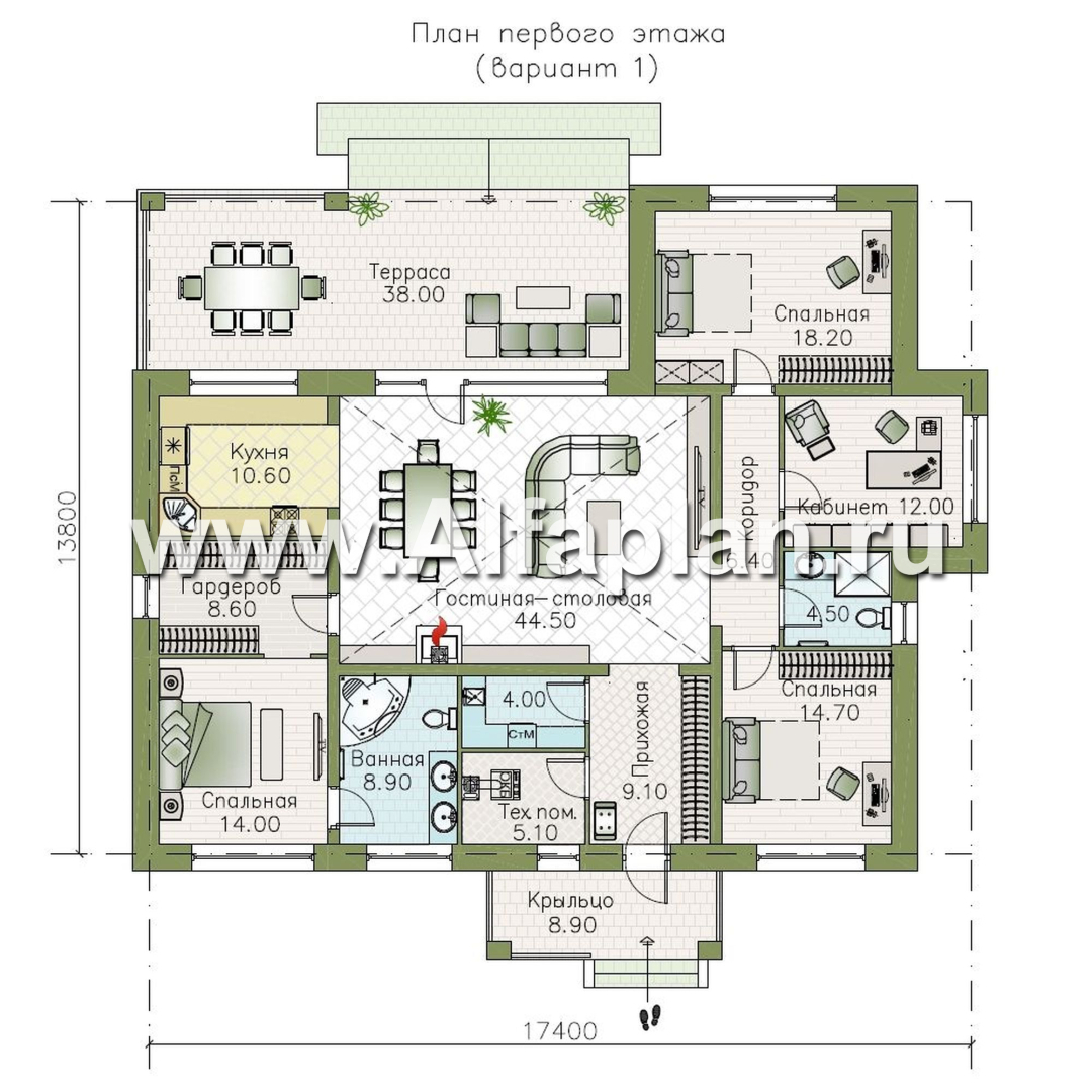 «Аризона» - проект одноэтажного дома, с террасой, мастер спальня. Есть вариант с сауной - план дома - фото №1