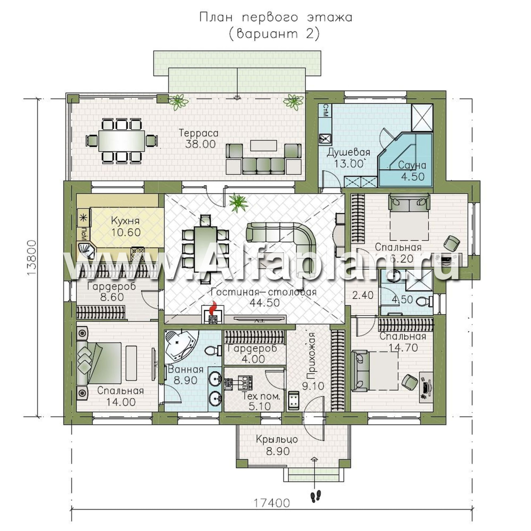 «Аризона» - проект одноэтажного дома, с террасой, мастер спальня. Есть вариант с сауной - план дома - фото №2