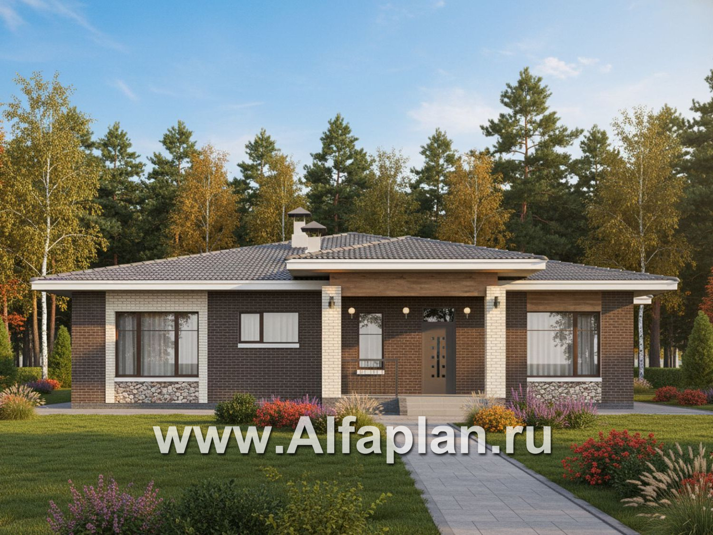 «Аризона» - проект одноэтажного дома, с террасой, мастер спальня. Есть вариант с сауной - дизайн дома №1