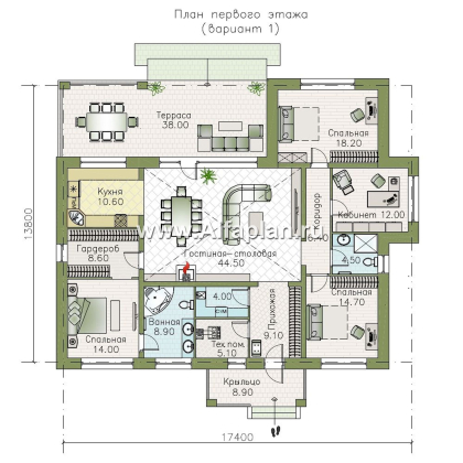 «Аризона» - проект одноэтажного дома, с террасой, мастер спальня. Есть вариант с сауной - превью план дома - фото №1