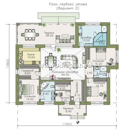 «Аризона» - проект одноэтажного дома, с террасой, мастер спальня. Есть вариант с сауной - превью план дома - фото №2