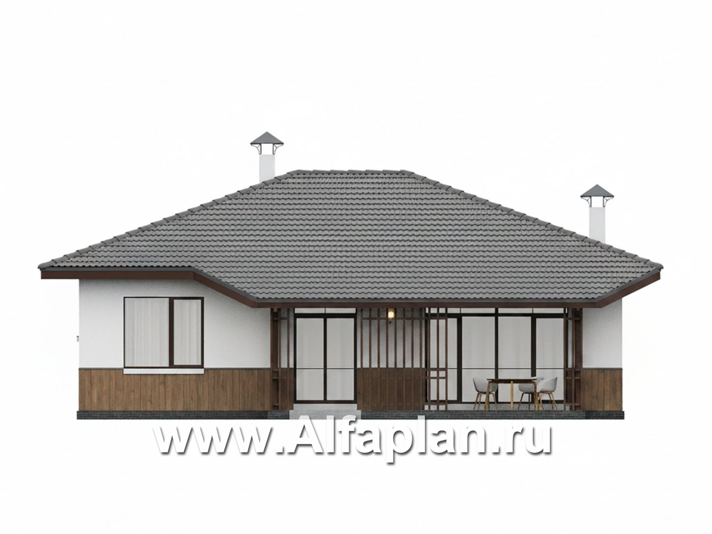 «Белая дача» - красивый проект одноэтажного дома, улучшенная планировка, мастер спальня, 3 спальни и терраса - фасад дома - фото №3