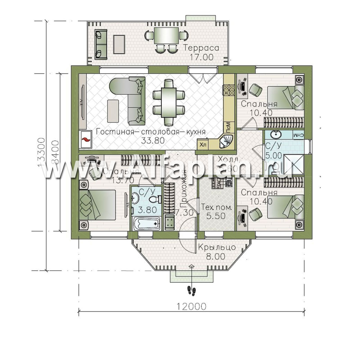 «Белая дача» - красивый проект одноэтажного дома, улучшенная планировка, мастер спальня, 3 спальни и терраса - план дома - фото №1